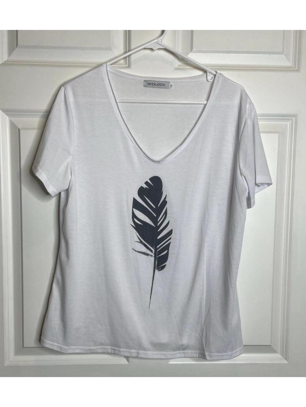 MissLook White Top Blouse Feather Print Women Size XXL